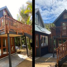 Full exterior cedar and paint restoration on Jacqui's house in Piha